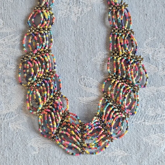 Rainbow Beaded Bib Necklace hand Beaded Artisan - Picture 4 of 7